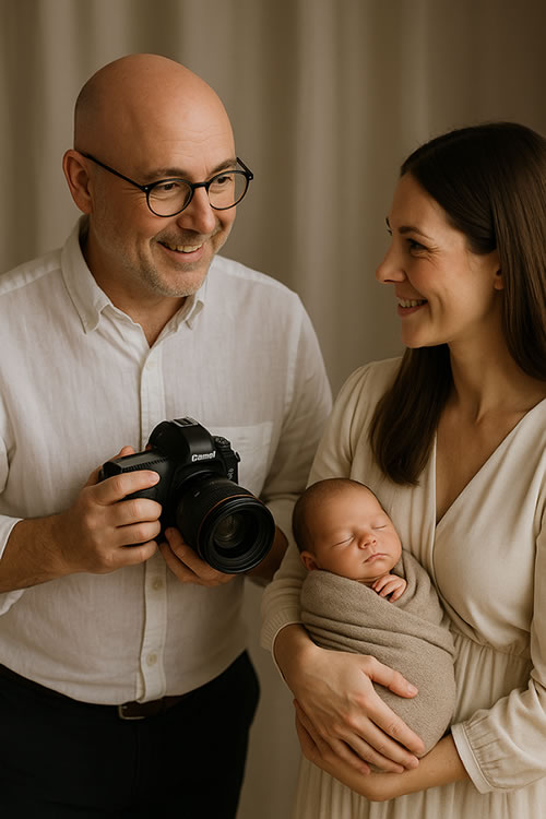 Photographer talking to a Newborn's mother who is holding her baby